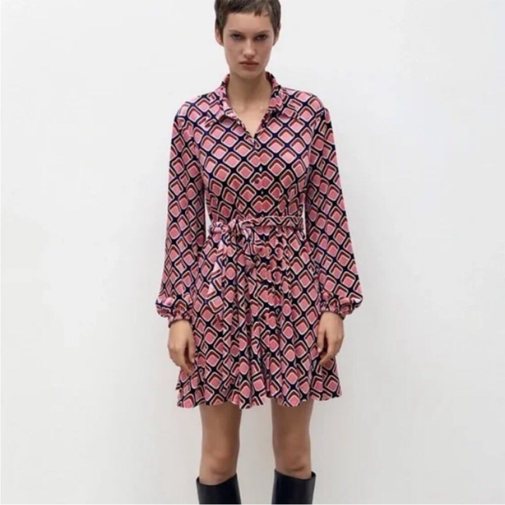 Zara mini dress velvet belted pink and black size XS